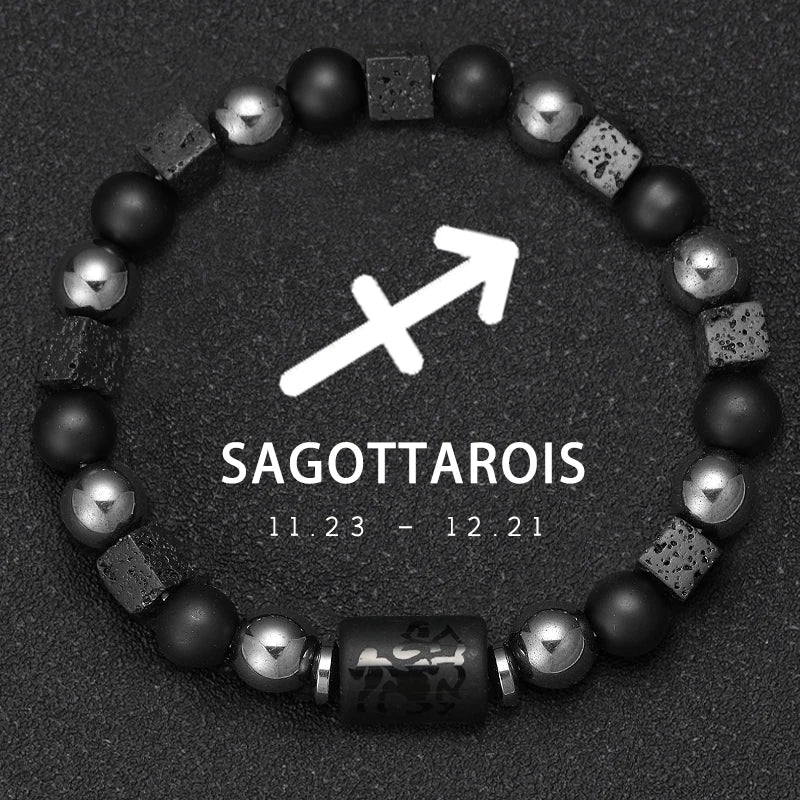 Bracelet Signe du Zodiaque en Perles et Pierre Volcanique – 12 Constellations, Élastique Unisexe