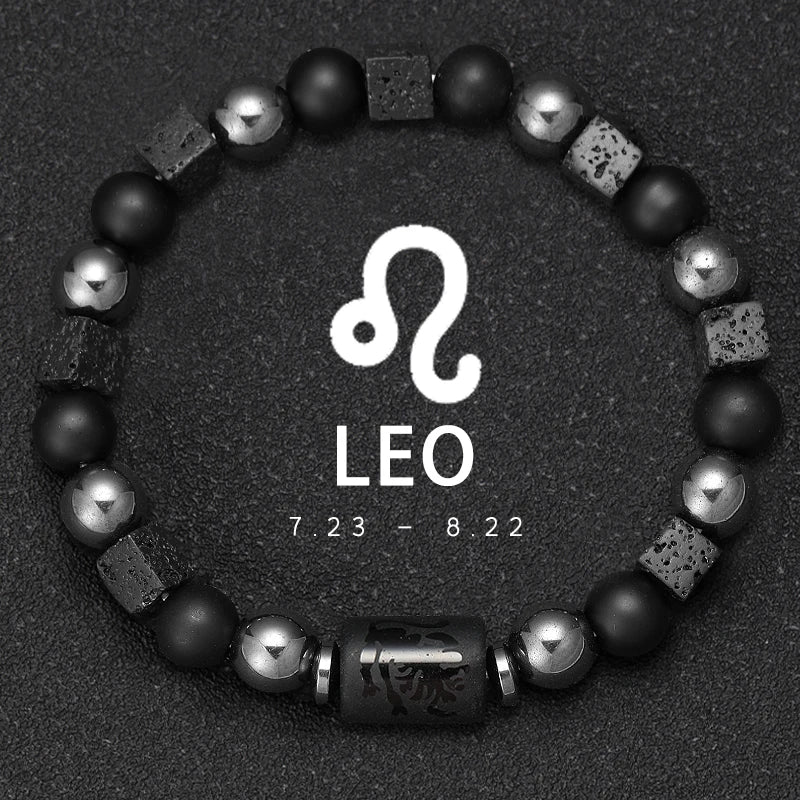 Bracelet Signe du Zodiaque en Perles et Pierre Volcanique – 12 Constellations, Élastique Unisexe