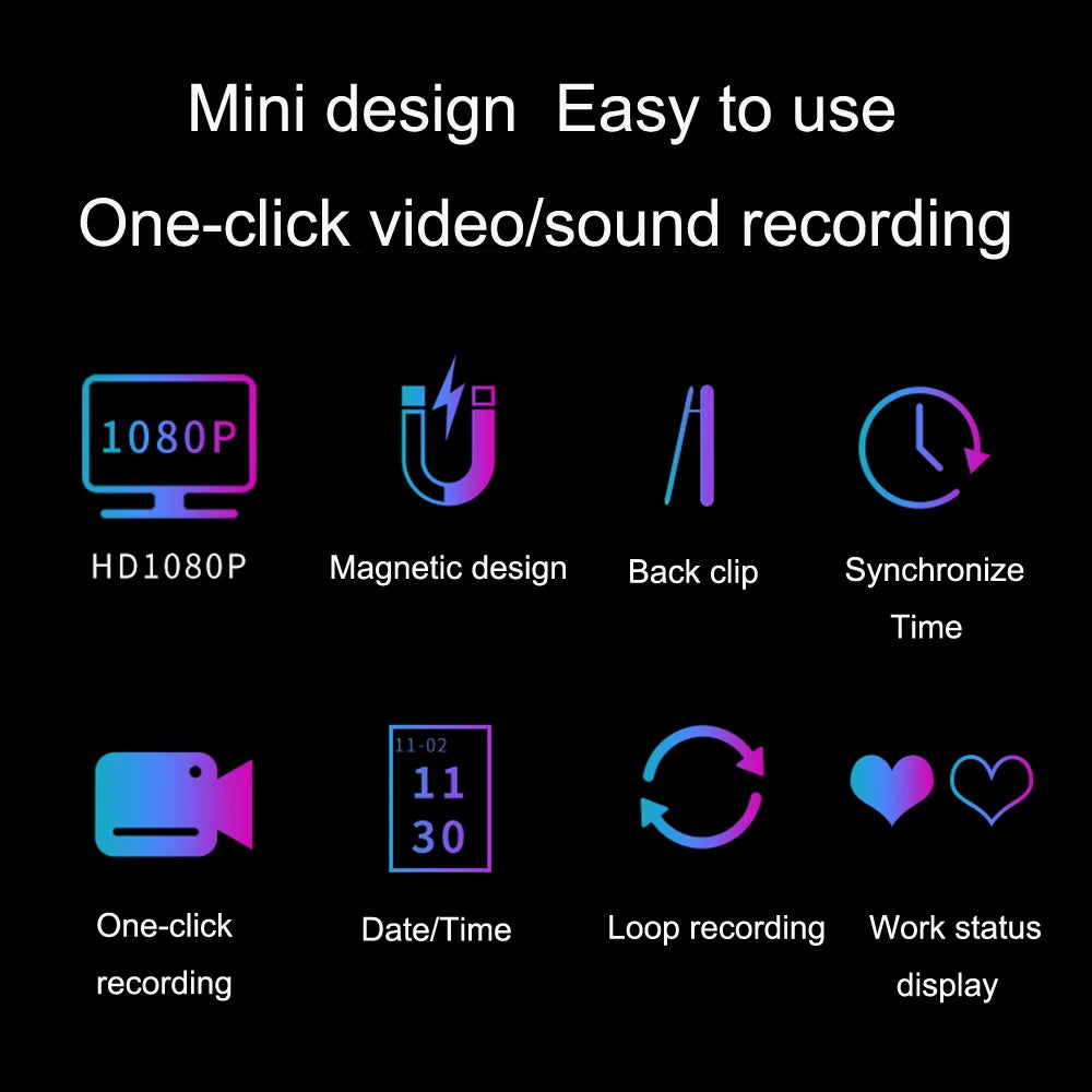 Mini Caméra 1080P HD avec Écran Enregistreur Vidéo & Audio - Clip Portable, Connexion USB & Carte SD Inclus