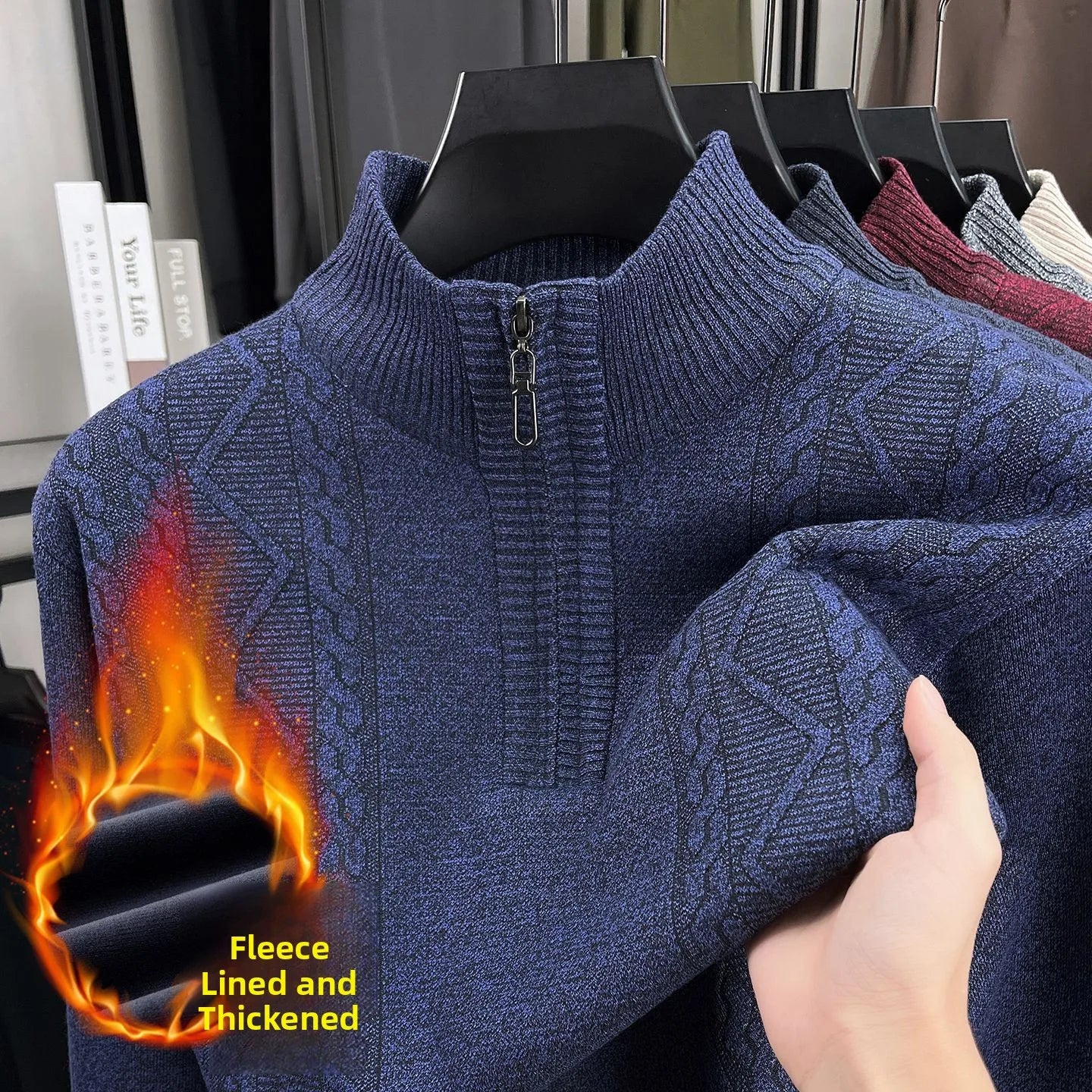 Pull Tricoté en Polaire avec Col Cheminé à Zip - Homme