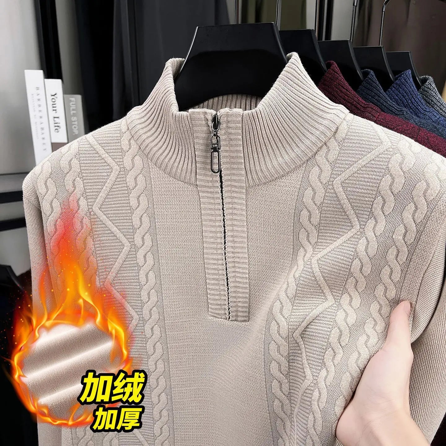 Pull Tricoté en Polaire avec Col Cheminé à Zip - Homme