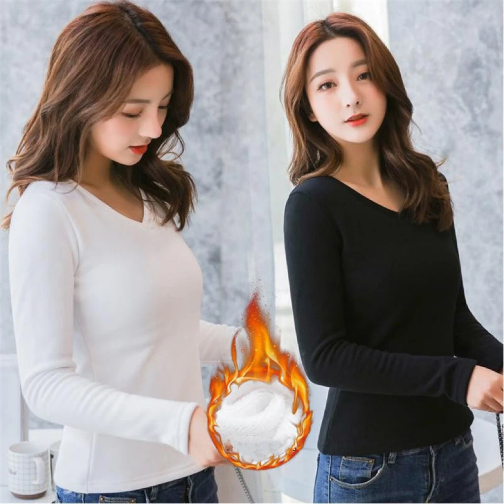 Top Thermique Femme Doublé Polaire – Col V, Manches Longues & Coupe Ajustée