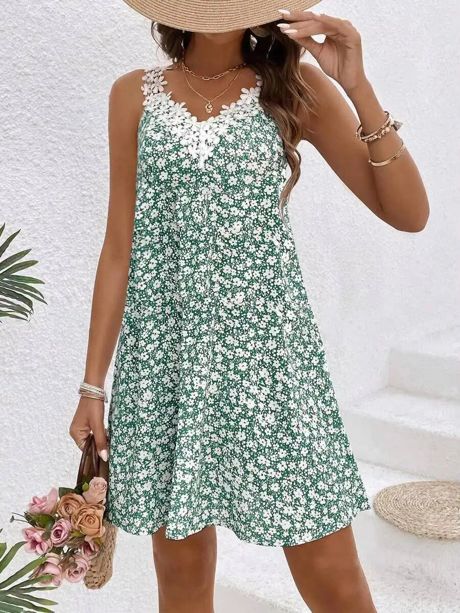 Robe Verte à Motif Florale - Brettelle à Fleurs Brodées