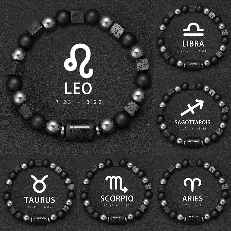 Bracelet Signe du Zodiaque en Perles et Pierre Volcanique – 12 Constellations, Élastique Unisexe