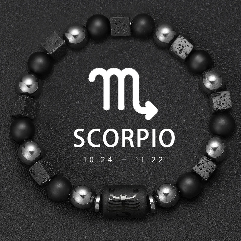 Bracelet Signe du Zodiaque en Perles et Pierre Volcanique – 12 Constellations, Élastique Unisexe