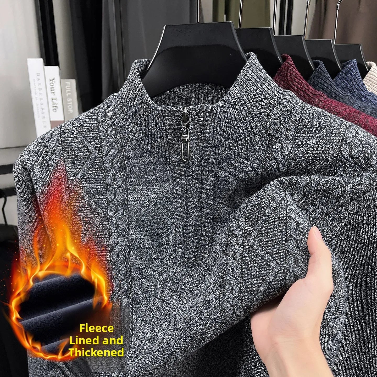 Pull Tricoté en Polaire avec Col Cheminé à Zip - Homme