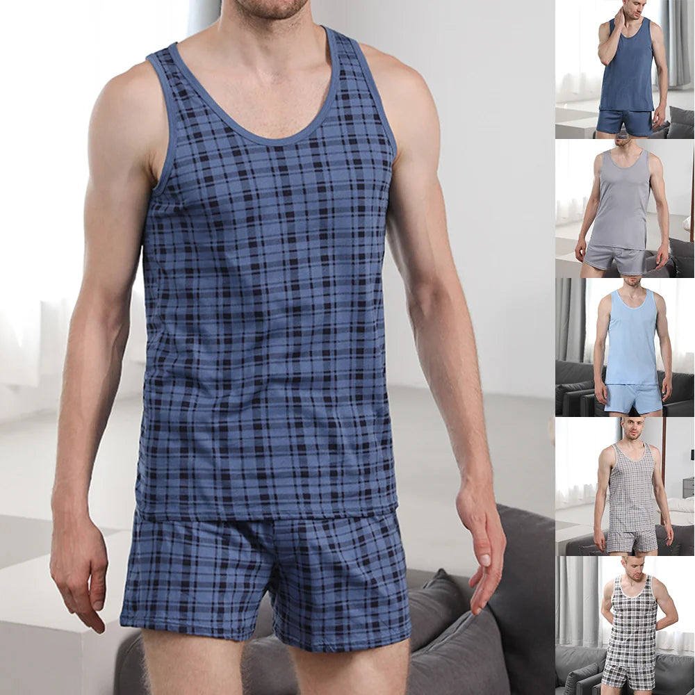 Pyjama homme d'été en coton sans manches avec short — ensemble léger grande taille