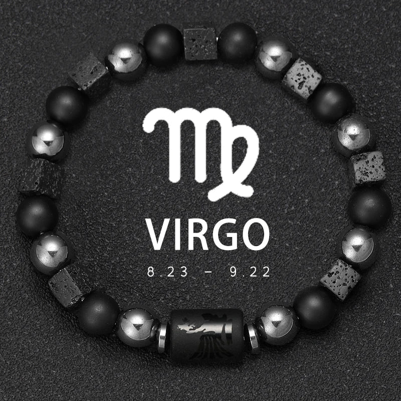 Bracelet Signe du Zodiaque en Perles et Pierre Volcanique – 12 Constellations, Élastique Unisexe