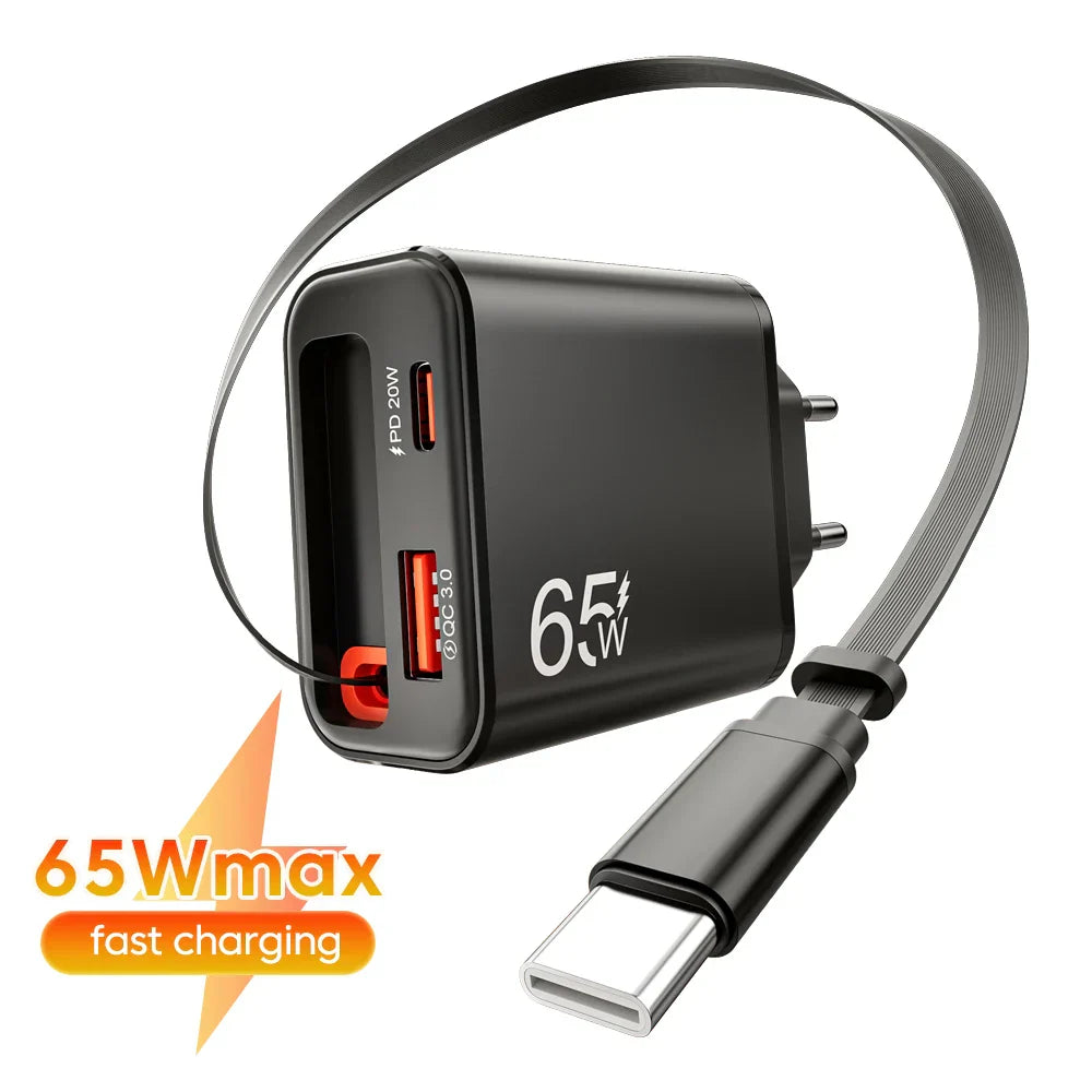 Chargeur Rapide 65W USB-C avec Câble Retractable