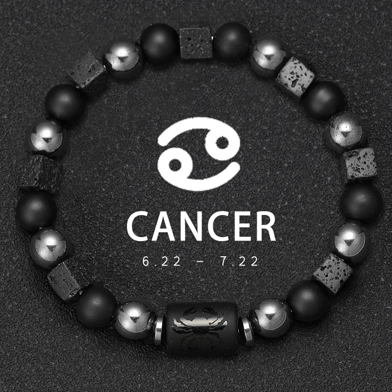 Bracelet Signe du Zodiaque en Perles et Pierre Volcanique – 12 Constellations, Élastique Unisexe