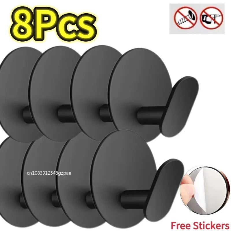 Lot de 8 crochets muraux auto-adhésifs noir mat — sans perçage