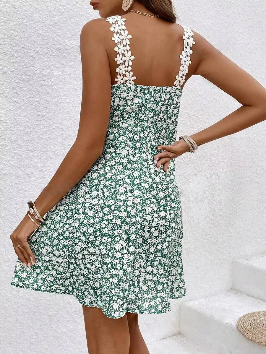Robe Verte à Motif Florale - Brettelle à Fleurs Brodées