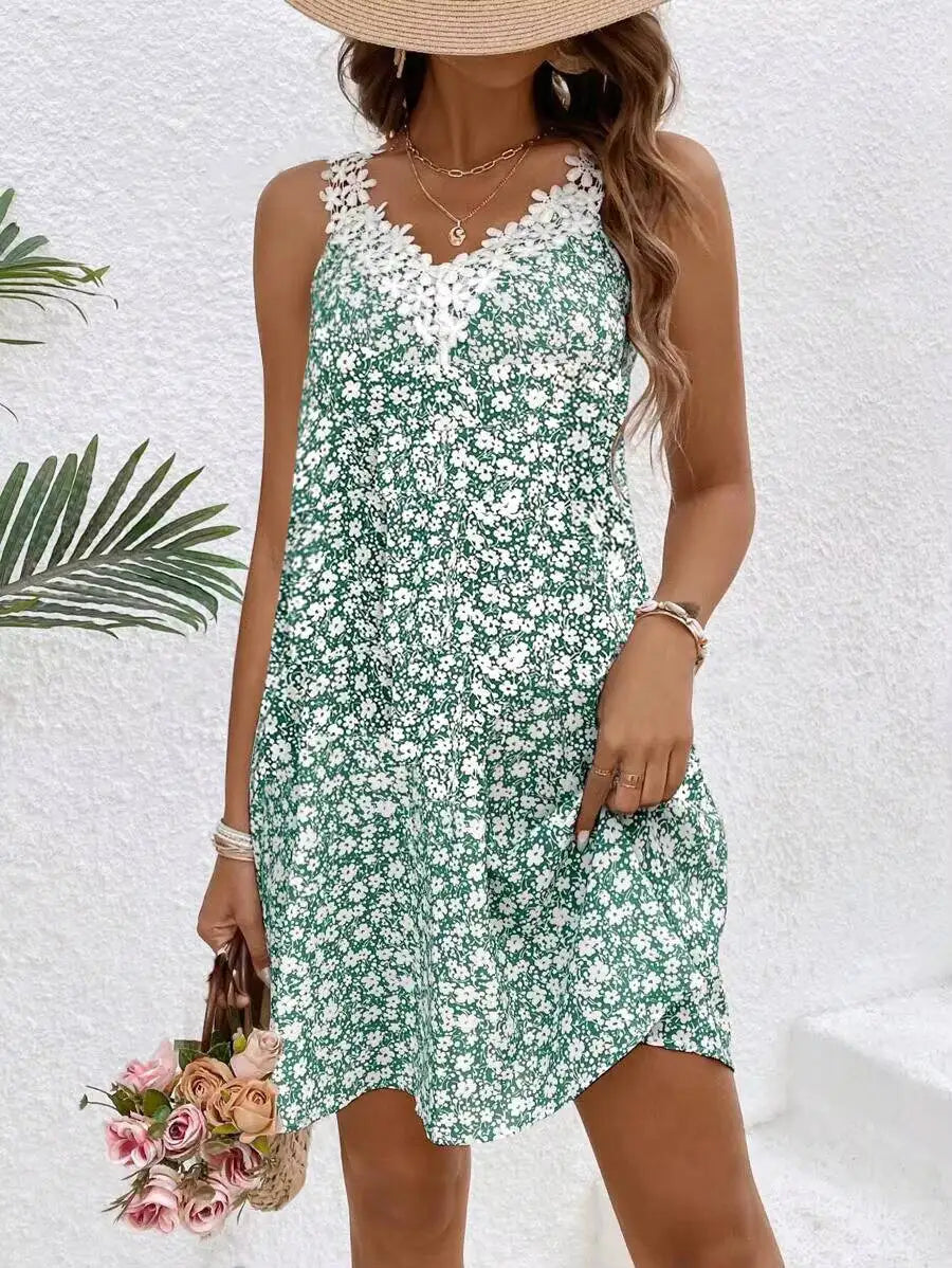 Robe Verte à Motif Florale - Brettelle à Fleurs Brodées