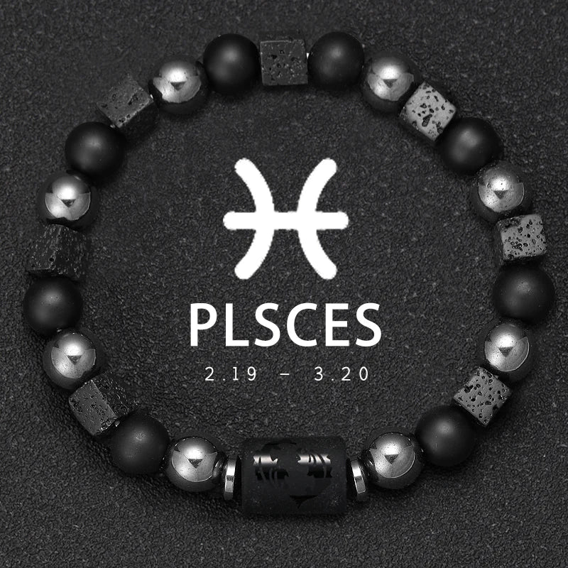 Bracelet Signe du Zodiaque en Perles et Pierre Volcanique – 12 Constellations, Élastique Unisexe