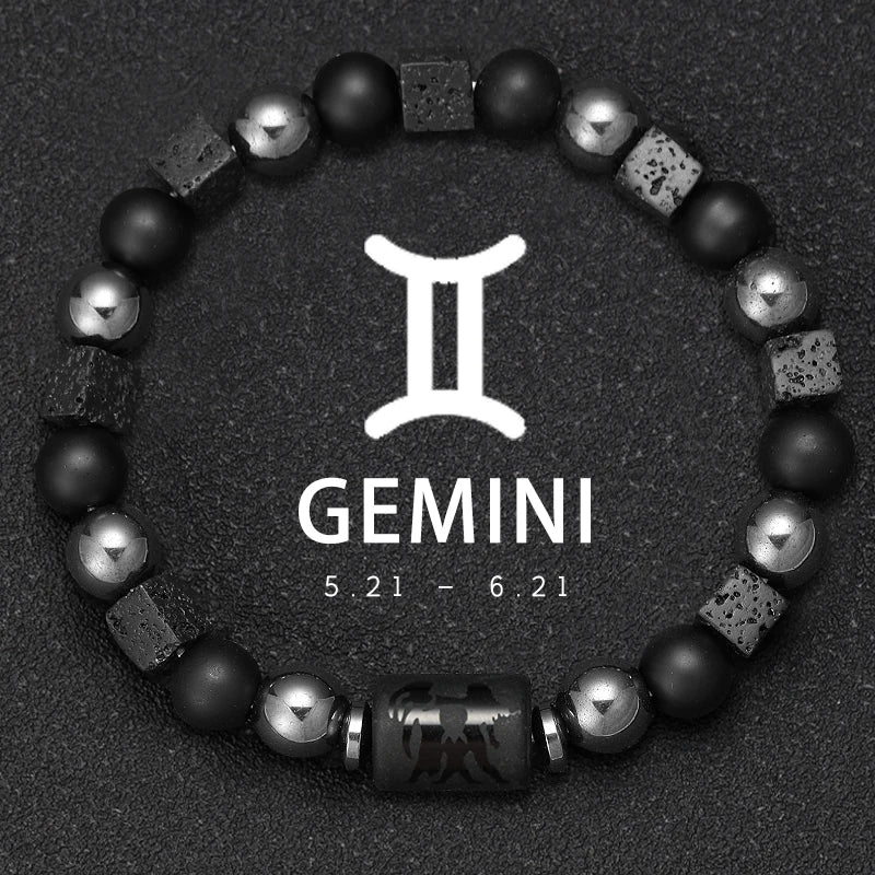 Bracelet Signe du Zodiaque en Perles et Pierre Volcanique – 12 Constellations, Élastique Unisexe