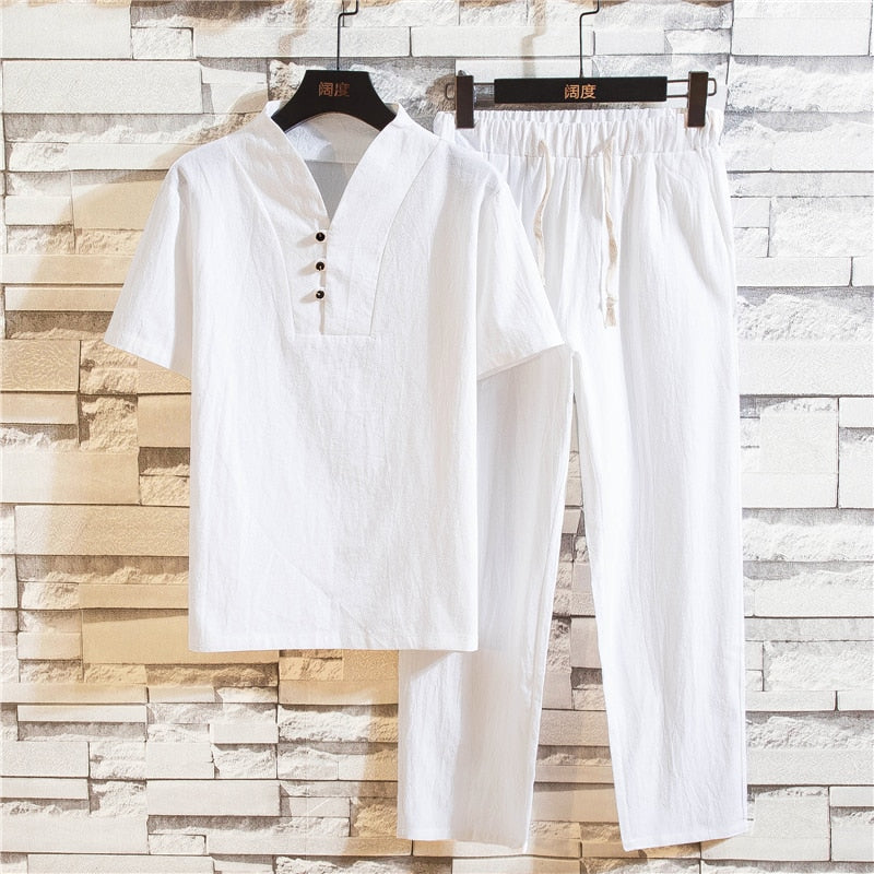 Ensemble chemise et pantalon en coton et lin