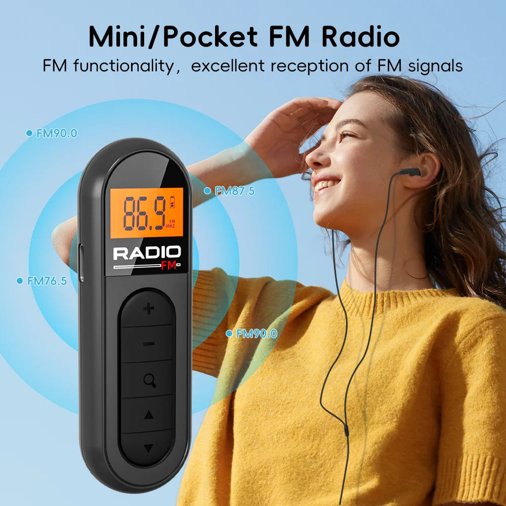 Mini radio FM portable rechargeable avec clip — écouteurs inclus