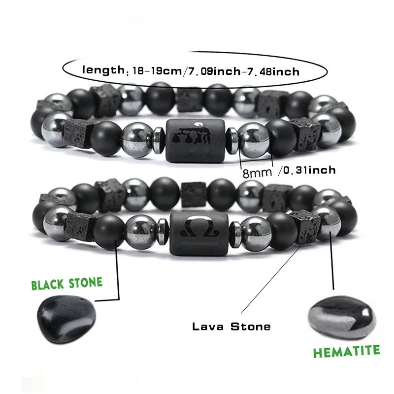 Bracelet Signe du Zodiaque en Perles et Pierre Volcanique – 12 Constellations, Élastique Unisexe