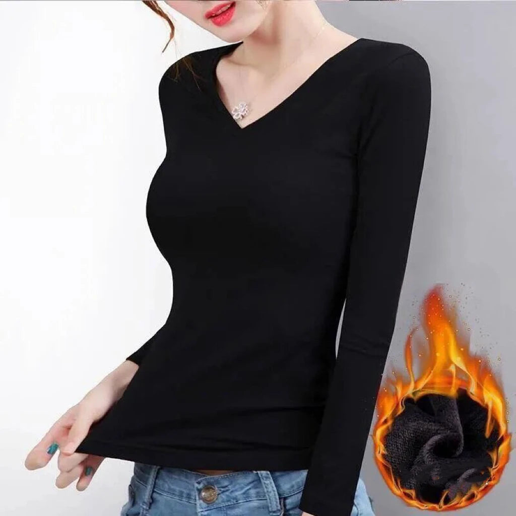 Top Thermique Femme Doublé Polaire – Col V, Manches Longues & Coupe Ajustée