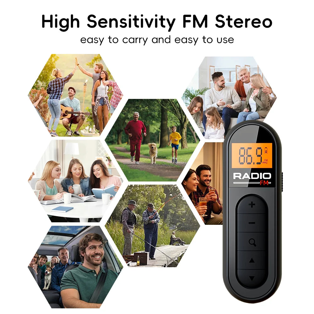 Mini radio FM portable rechargeable avec clip — écouteurs inclus