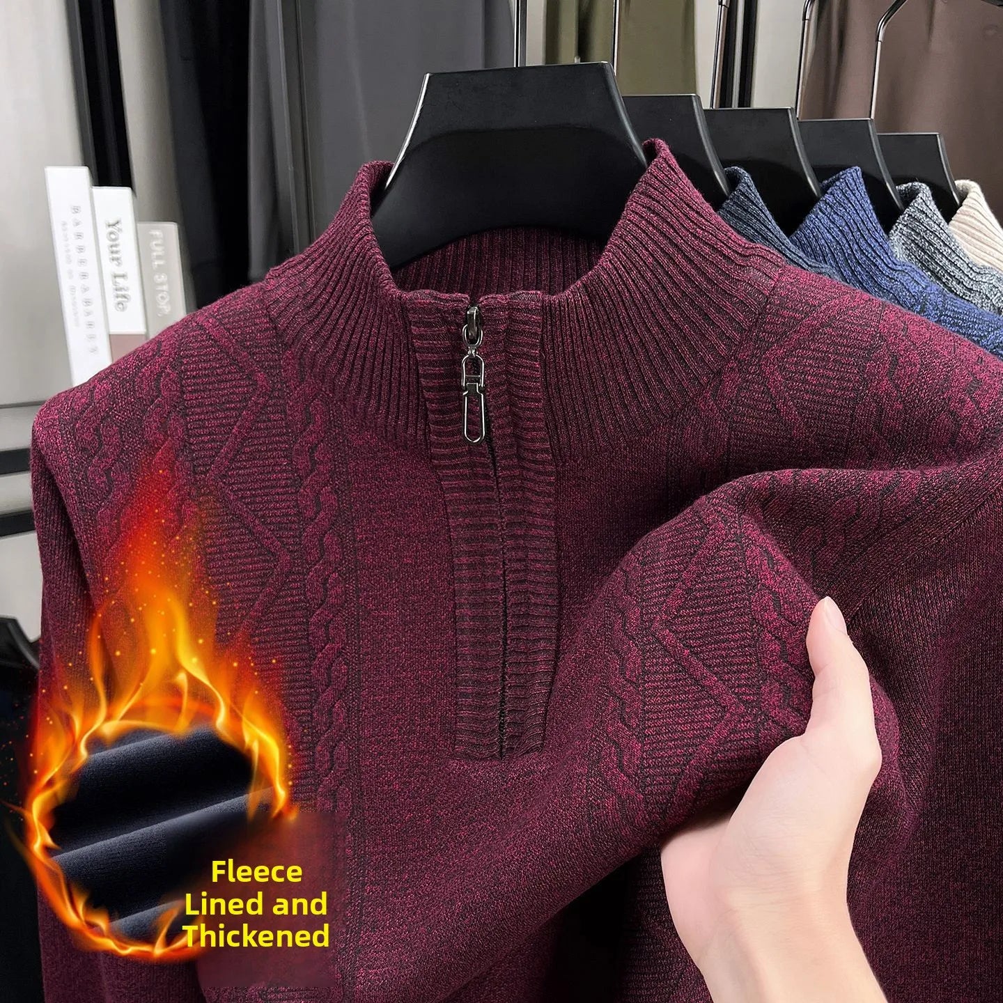 Pull Tricoté en Polaire avec Col Cheminé à Zip - Homme