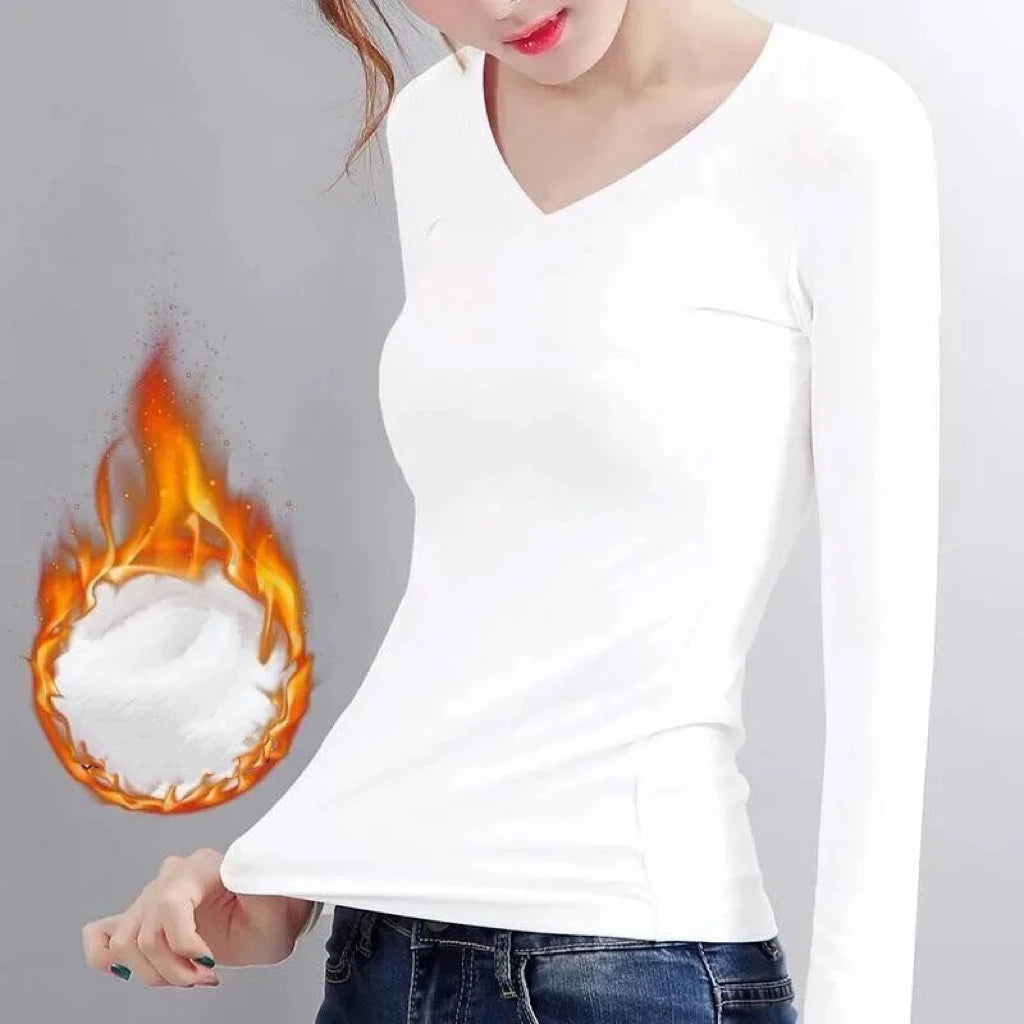 Top Thermique Femme Doublé Polaire – Col V, Manches Longues & Coupe Ajustée