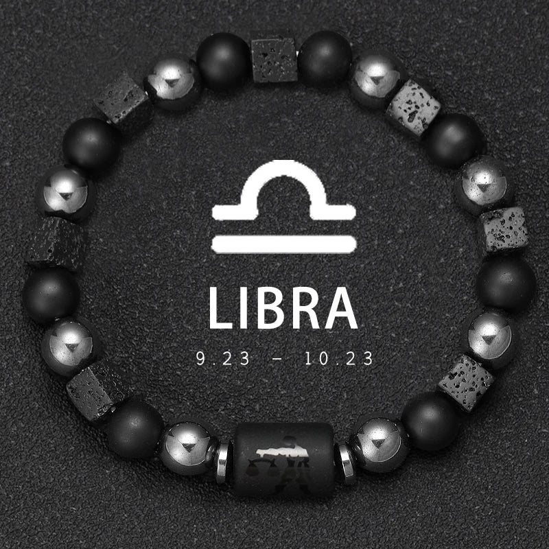 Bracelet Signe du Zodiaque en Perles et Pierre Volcanique – 12 Constellations, Élastique Unisexe