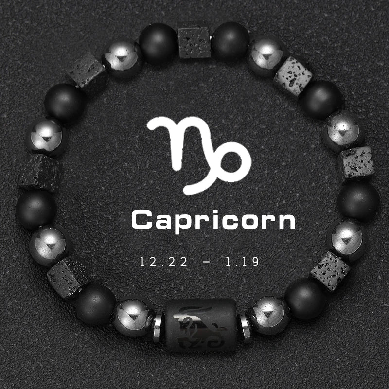 Bracelet Signe du Zodiaque en Perles et Pierre Volcanique – 12 Constellations, Élastique Unisexe