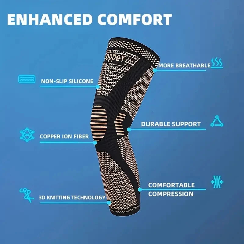 Genouillère de Compression Longue en Fibres de Cuivre – Maintien du Genou et de la Jambe, Extensible & Respirante – 1 ACHETÉE = 1 OFFERTE