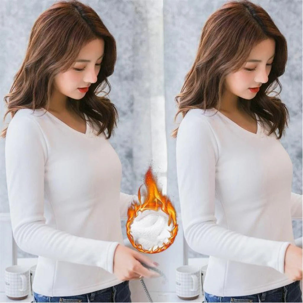 Top Thermique Femme Doublé Polaire – Col V, Manches Longues & Coupe Ajustée