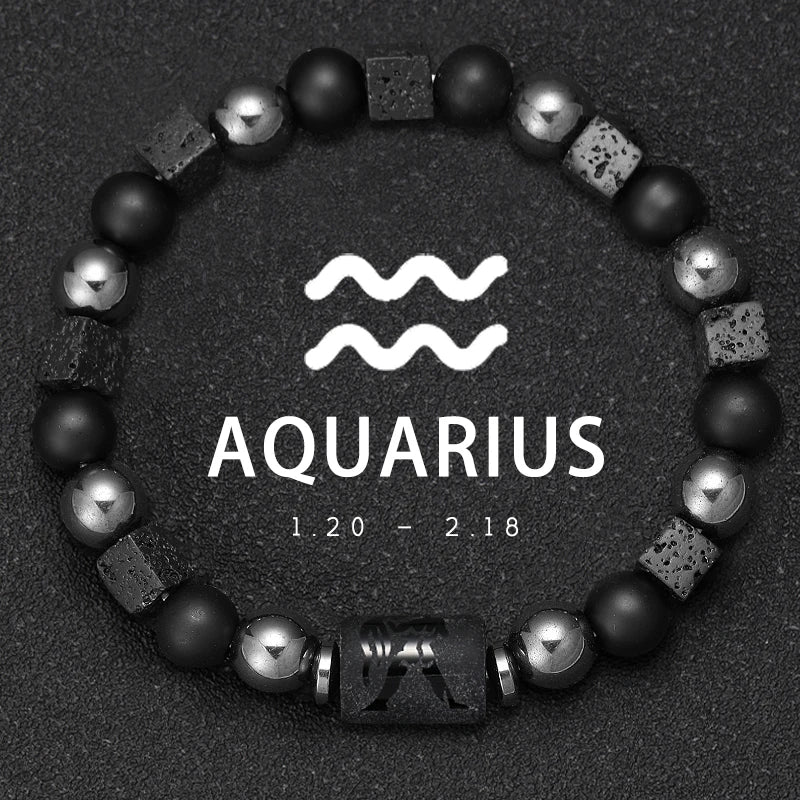 Bracelet Signe du Zodiaque en Perles et Pierre Volcanique – 12 Constellations, Élastique Unisexe