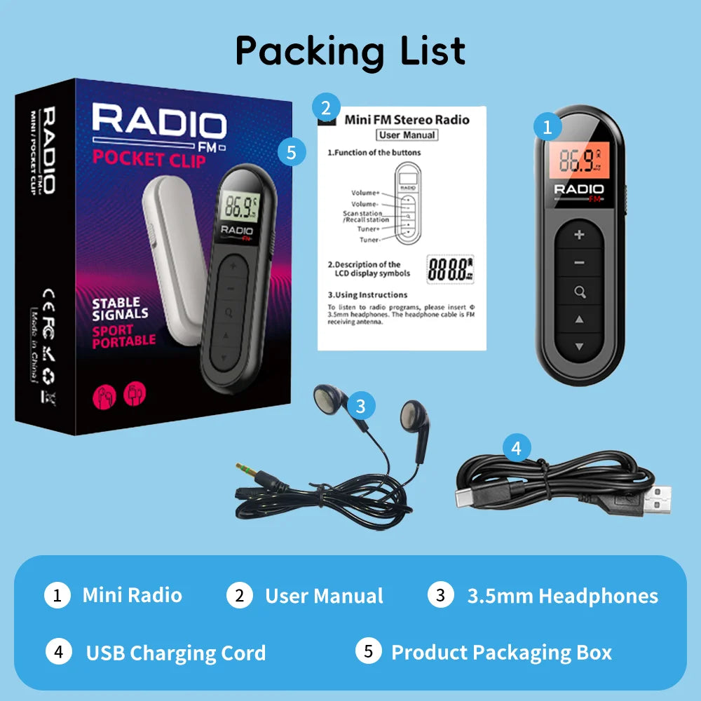 Mini radio FM portable rechargeable avec clip — écouteurs inclus
