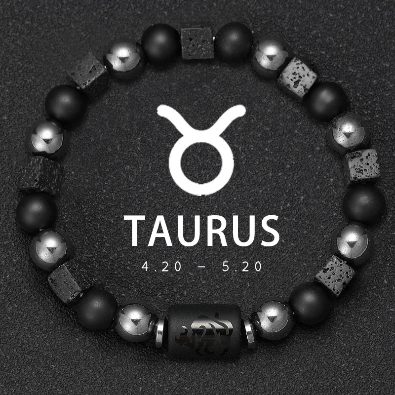 Bracelet Signe du Zodiaque en Perles et Pierre Volcanique – 12 Constellations, Élastique Unisexe