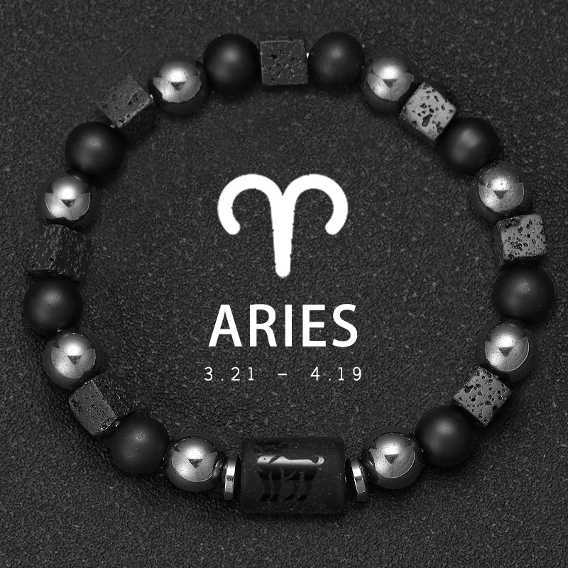 Bracelet Signe du Zodiaque en Perles et Pierre Volcanique – 12 Constellations, Élastique Unisexe