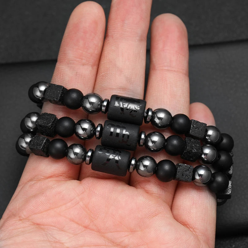 Bracelet Signe du Zodiaque en Perles et Pierre Volcanique – 12 Constellations, Élastique Unisexe